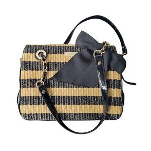 NWT Kate Spade Rattan Black Striped Bow Shoulder Three Pocket Bag W/ Dust Cover